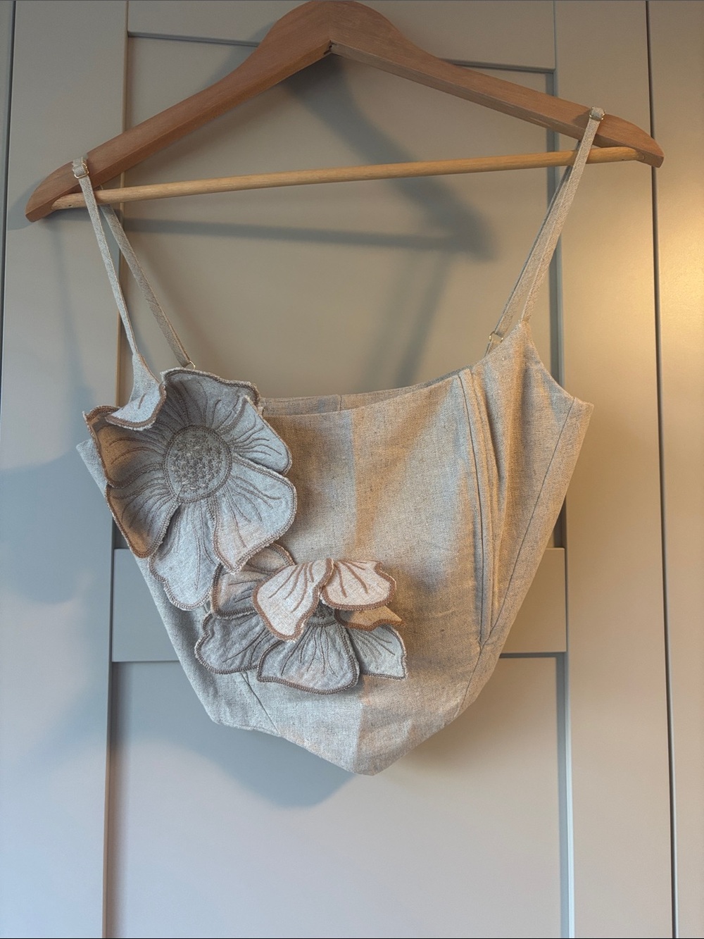 Floral Appliqué Linen-Blend Bandeau Top - Cream